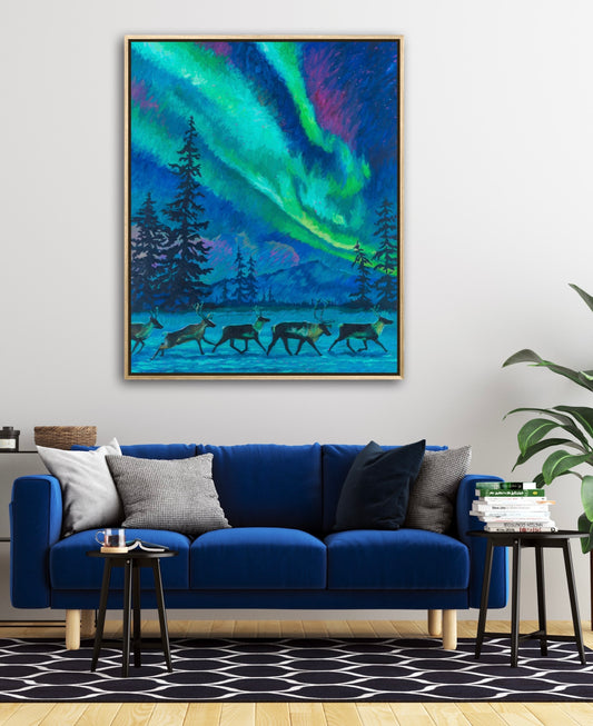 "Dancing With Caribou" Framed Canvas Print